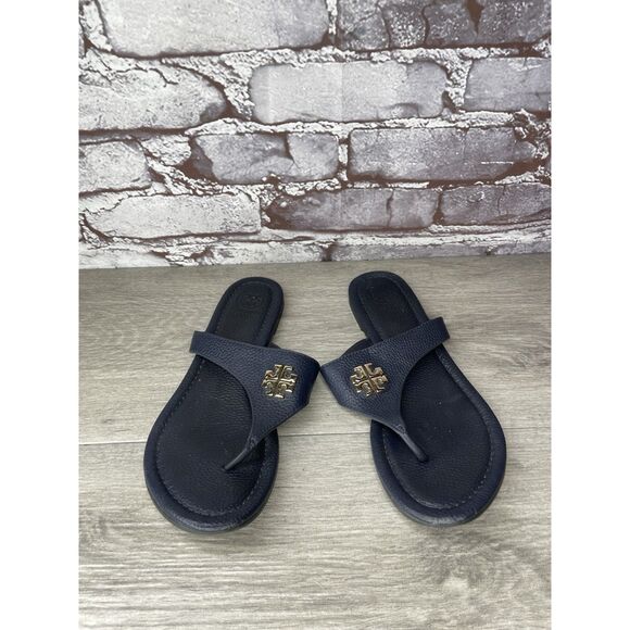 Tory Burch Jole Navy Blue Thong Tumbled Leather Sandals Women’s Sz 6.5M US/37EU - Picture 15 of 16